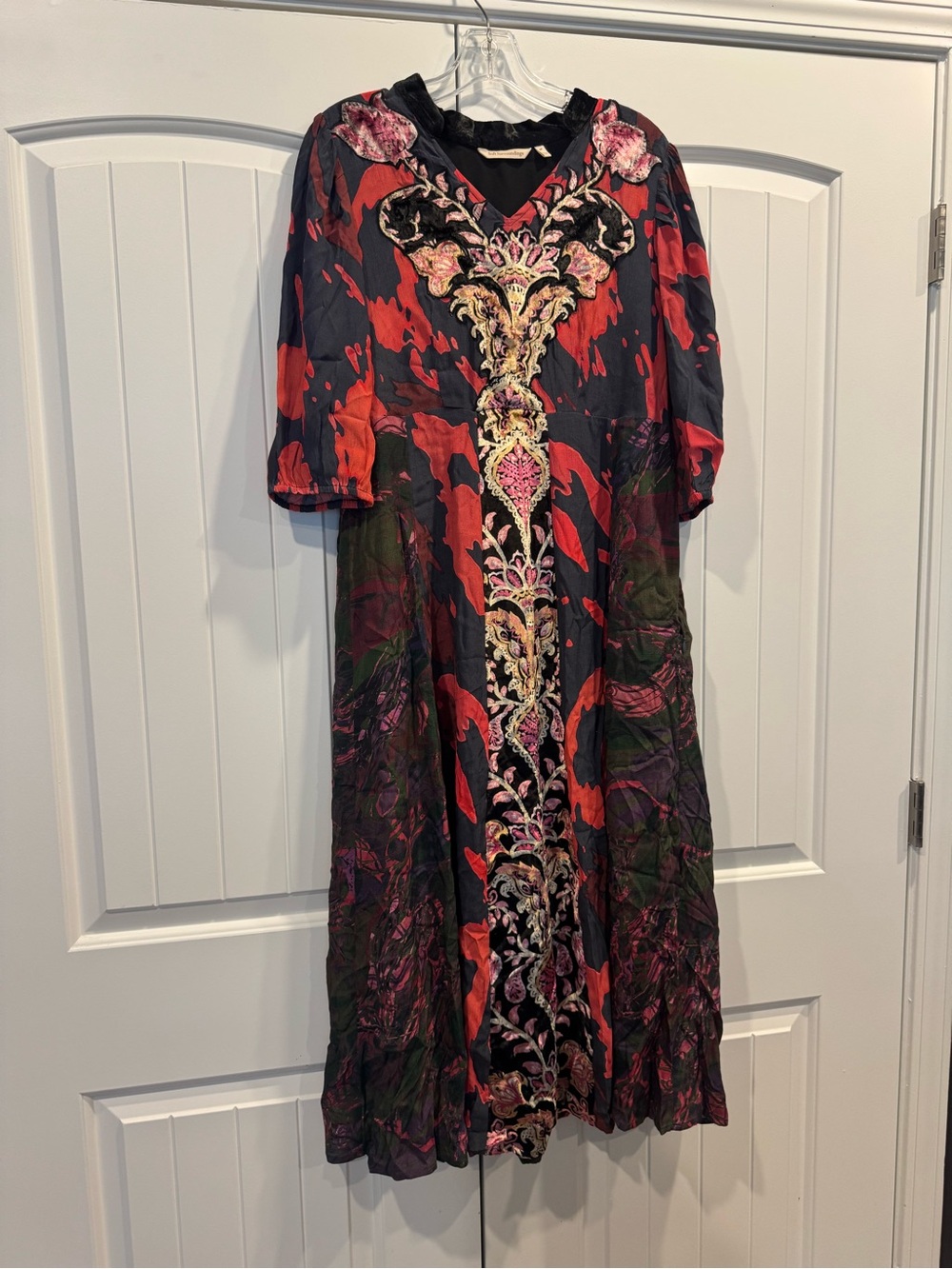 Soft Surroundings Black and Red Embroidered V-Neck Midi Dress